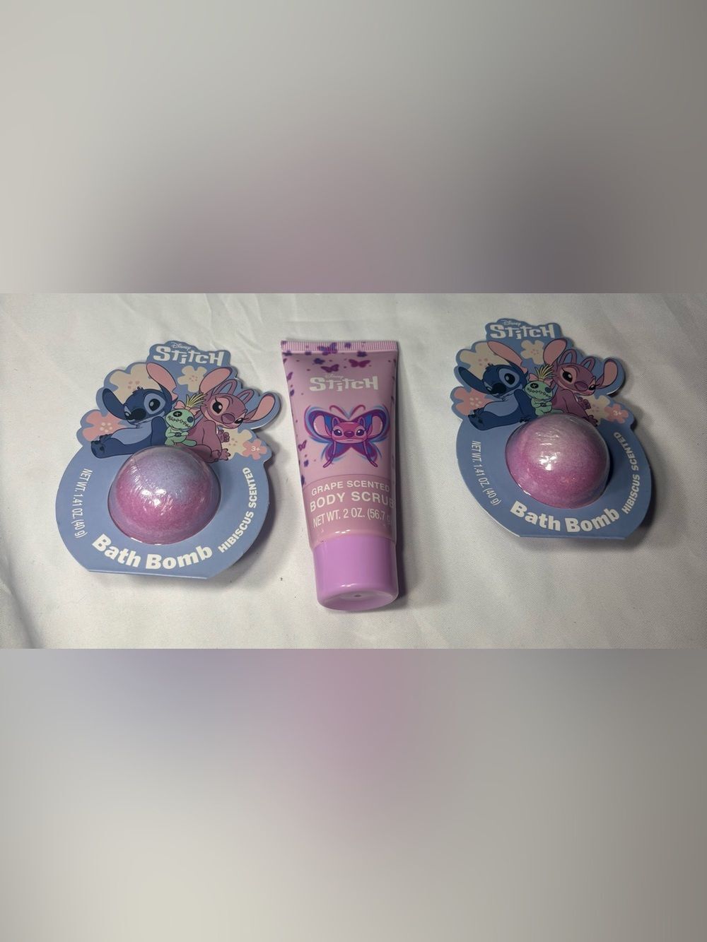 3 New Disney Lavender-Pink Stitch Grape Body Scrub & Bath Bomb Set